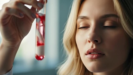 Woman scientist watching a test tube with a red and white liquid moving inside a lab, research concept footage. - Powered by Adobe