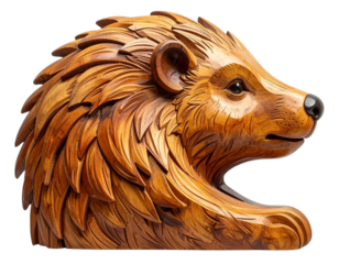 Rustic Wooden North American Porcupine Head Wall Mount, Angled Side Perspective, isolated on transparent background PNG