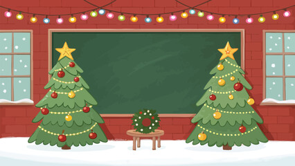 Naklejka premium Christmas classroom scene with decorated trees and chalkboard