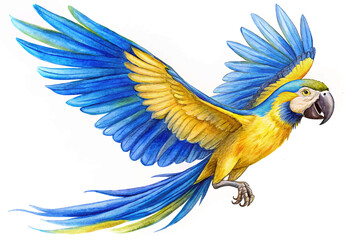 Fototapeta premium Blue and Yellow Macaw vector with Extended Wing watercolor