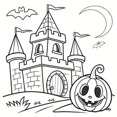 Black and White Line Art Halloween Castle & Pumpkin Coloring Page