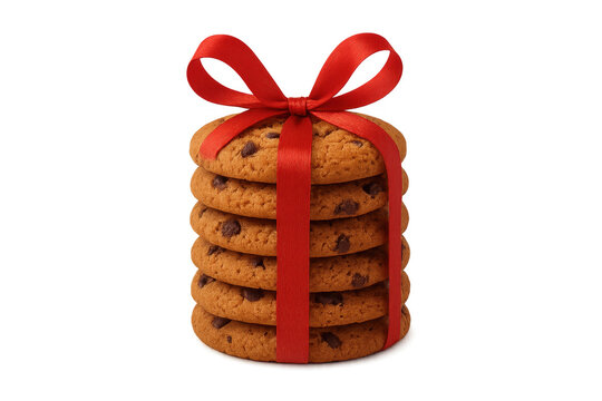 Stacked chocolate chip cookies tied with red ribbon gift