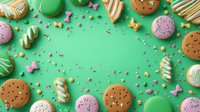 Colorful cookies and sprinkles on a green background with copy space in center