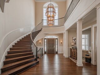 Fototapeta premium Elegant grand foyer with curved staircase and chandelier