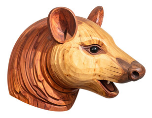 Rustic Wooden Opossum Head Wall Mount, Angled Side Perspective, isolated on transparent background PNG