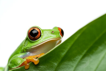 Obraz premium A vibrant green frog rests on a lush green leaf, its striking red eyes peering out from the foliage against a clean white backdrop. A perfect blend of nature and detail! 170 chr