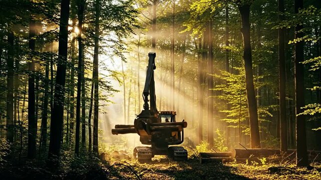 Heavy logging machine cuts and moves wood logs in a forest with sun rays. Forestry industry work process footage.