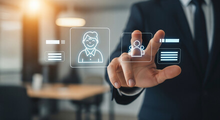 Businessman managing human resources with a futuristic interface, accessing digital employee profiles for recruitment and team organization
