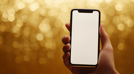 Hand holds phone displaying a bright, customizable white screen against a gold bokeh background. Perfect for app demos or tech presentations!  #tech #mobile #bokeh