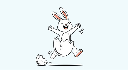 A joyful cartoon bunny emerges from a broken egg in celebration.