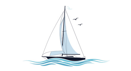 Fototapeta premium A majestic sailboat glides across the ocean waves under a clear sky with two birds flying overhead.