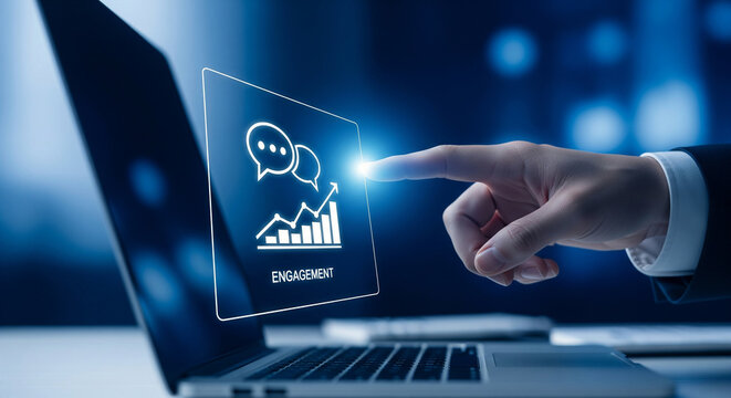 Futuristic business concept with a manager analyzing digital customer engagement metrics on a holographic display for marketing growth - Powered by Adobe