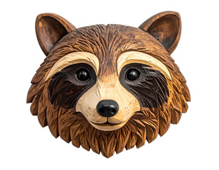Rustic Wooden Raccoon Head Wall Mount, Side Angle Perspective, isolated on transparent background PNG
