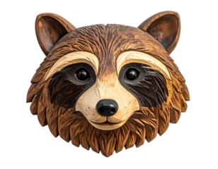 Rustic Wooden Raccoon Head Wall Mount, Side Angle Perspective, isolated on transparent background PNG