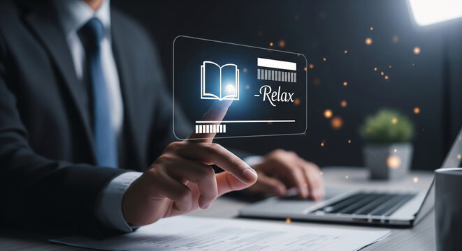 A businessman in a suit using augmented reality technology at his desk for online education and mental wellness, downloading an ebook for stress relief and relaxation