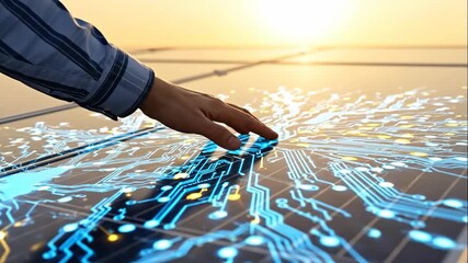 Woman touching digital circuit on solar panel. Green energy system monitoring and innovation with abstract data flow. Technology footage. - Powered by Adobe