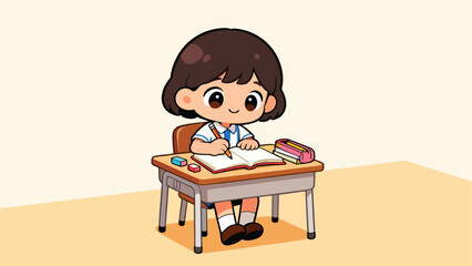 “Cartoon student writing homework on desk, cute vector illustration.”