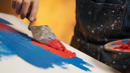 An artist uses a palette knife to spread red and blue paint on a canvas. The artist skillfully blends red and blue on the vibrant canvas. - Powered by Adobe