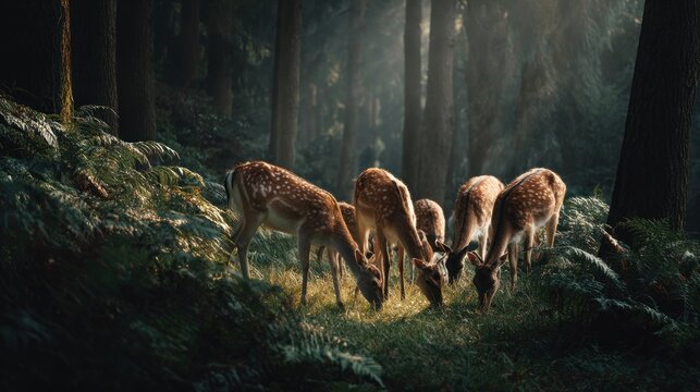 Golden Light Illuminates Fallow Deer Herd Grazing in Misty Enchanted Forest