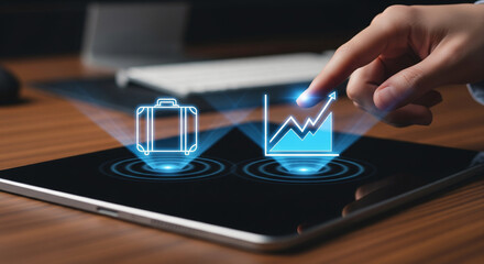 Futuristic business management with holographic interface showing travel and financial growth analytics on a digital tablet screen