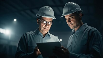 Two male engineers collaborating, discussing digital tablet data in a dimly lit industrial facility, showcasing teamwork and planning footage. - Powered by Adobe