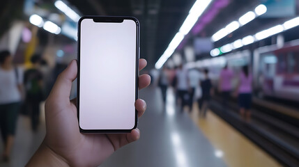 Commuting with tech: A person holds a blank screen device at a subway station, showcasing connectivity on the go. The modern mobile tech merges seamlessly with travel.