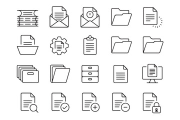 minimal document icon set black and white line vectors for ui design file search archive and secure access