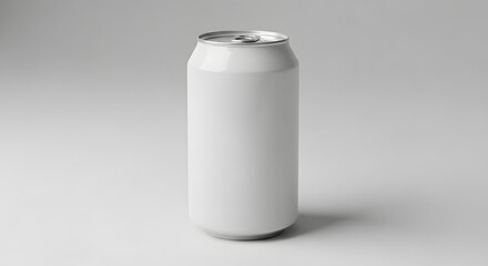 Single, plain white aluminum beverage can mockup standing on a light gray surface with subtle shadow. Ready for product branding, soft drink, or beer design presentation. AI-Generated Design
