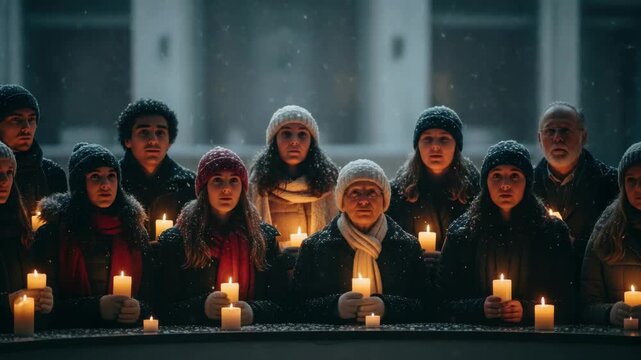 Candlelit vigil in snow: group of people in winter hats holding candles with devoted expressions