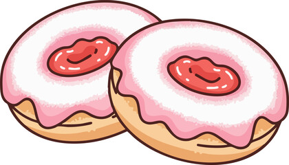 Cute Strawberry Jam Donut Dessert Flat Pastel Kawaii Bakery Vector Illustration