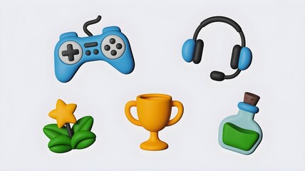 A set of 4 cute claymorphism icons for gaming a stylized game controller, a headset with a microphone, a trophy cup, and a potion bottle.