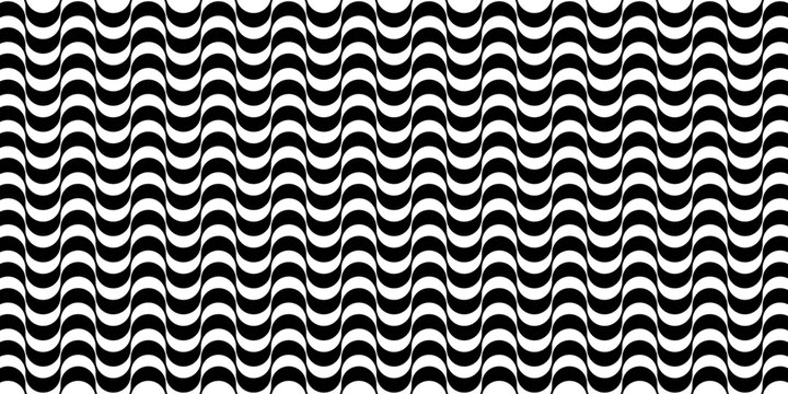 Repeating wave pattern in black and white colors, inspired by famous Copacabana sidewalk. Portuguese pavement texture, Rio de Janeiro boardwalk vector illustration background.