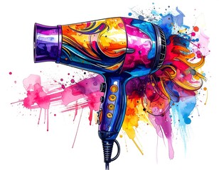 Artistic rendering of a colorful hair dryer with vibrant watercolor effects