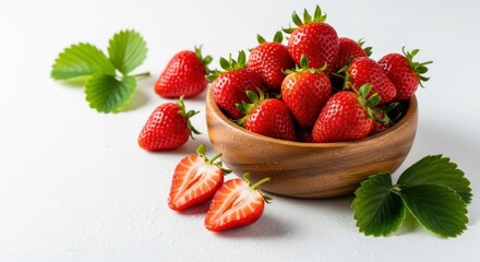 Fresh Strawberries in Wooden Bowl, Vibrant Red Fruit, Healthy Eating Concept.