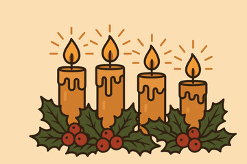 Four lit advent candles with holly and berries on a festive background