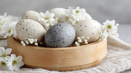 Obraz premium Easter Eggs in Wooden Bowl with Delicate White Flowers, Springtime Still Life