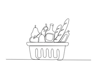 Grocery basket with full of food  in single outline illustration. Continuous line art drawing of shopping basket full of food. Editable stroke.