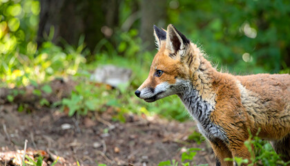 Fototapeta premium Close-Up of a Red Fox Standing Alert in a Lush Green Forest with Soft Sunlight