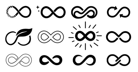 A high-quality vector illustration featuring twelve stylized infinity symbols, each uniquely crafted with artistic elements such as gradients, sparkles, arrows, leaves, and bold outlines