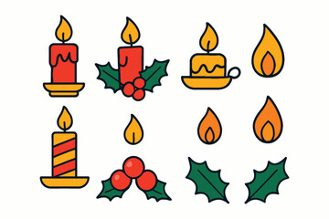 Set of festive christmas candles and holly sprigs with berries in a charming flat illustration style