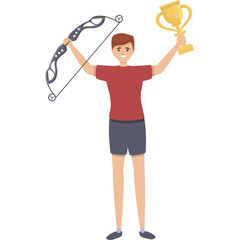 Smiling Young Man Holds Archery Bow and Trophy Celebrating Victory on White Background