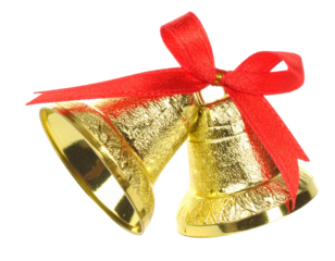 pair of golden bells with red ribbon on white background
