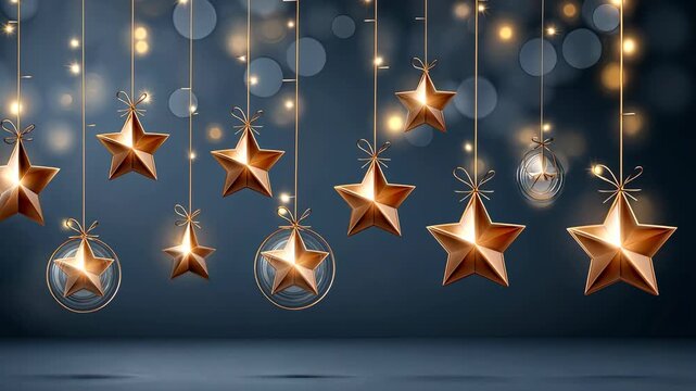 Golden stars and ornaments dangle beautifully against a blurred background, creating a magical atmosphere for celebrations