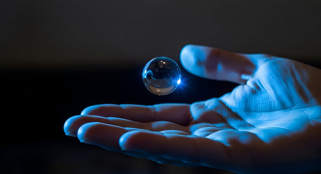 Mysterious levitating glass sphere glows with ethereal blue light above an open hand, sparking wonder and intrigue.