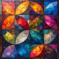 A vibrant, colorful square pattern of interconnected, stylized petals or leaves, creating a stained-glass effect
