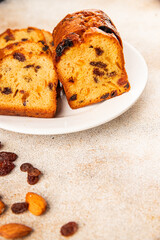 Fruit cake sweet pastry fruitcake dessert dried fruits, nuts traditional baked goods natural product tasty snack fresh delicious gourmet food background on the table rustic top view copy space