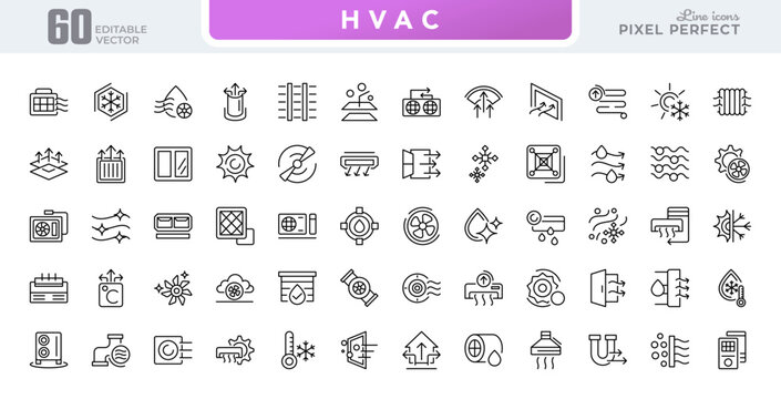 HVAC line icon set. Heating, ventilation, air conditioning, temperature control, airflow, thermostats, cooling, air cleaner, climate control, heating vector thin icons pack. editable stroke