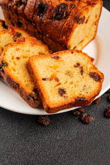 Fruit cake sweet pastry fruitcake dessert dried fruits, nuts traditional baked goods natural product tasty snack fresh delicious gourmet food background on the table rustic top view copy space