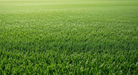 Lush Green Grass Field with Dew Drops in Soft Morning Light