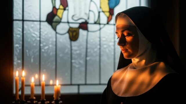 Contemplative nun in candlelit church with stained glass shadows